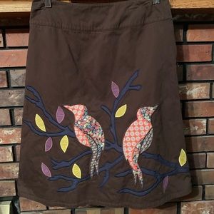 Boden brown skirt with bird & tree art